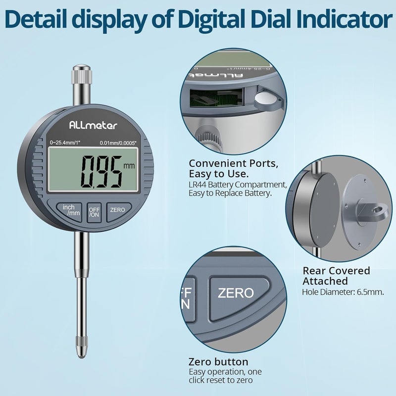 ALLmeter Store Digital Dial Indicator with Large LCD Display,0-1" (0-25.4mm) Range, 0.0005" (0.01mm) Resolution,Switchable mm/inch,Precision DTI Gauge for Industrial,Mechanical,and 3D Printer Use - Image 4